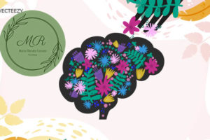 Acessível: Ilustração digital de um cérebro com seu interior florido, recebendo cuidados de uma mão que está do lado externo, em alusão aos benefícios dos cuidados com a mente.