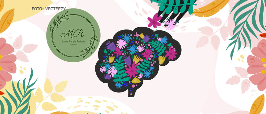 Acessível: Ilustração digital de um cérebro com seu interior florido, recebendo cuidados de uma mão que está do lado externo, em alusão aos benefícios dos cuidados com a mente.