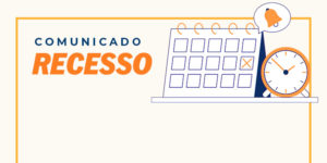 Card informativo do SINJUS-MG com o título ‘Comunicado – Recesso’. O texto informa que a sede do SINJUS-MG estará fechada no dia 27 de outubro, segunda-feira, devido ao feriado do Dia do Servidor Público, e que os atendimentos serão retomados no dia 28 de outubro, terça-feira. A mensagem deseja um bom feriado a todas e todos. Na parte inferior, há ilustrações de um calendário e um relógio nas cores azul e laranja.