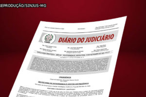 fundo vermelho escuro e em destaque ao centro a reprodução da primeira página do Diário do Judiciário eletrônico do Tribunal de Justiça de Minas Gerais.