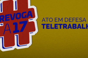 Em primeiro plano há uma imagem simulando um adesivo em tons de azul e amarelo fixado em uma parede texturizada na cor rosa escuro, ele tem o formato de uma hashtag e dentro dele há a mensagem: REVOGA A 17.