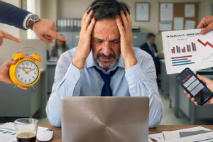 A imagem mostra um homem em ambiente de escritório, sentado diante de um notebook, com as mãos na cabeça em expressão de estresse. Ao redor dele, aparecem mãos apontando, algumas segurando objetos como um despertador, um celular e um gráfico com seta para baixo, simbolizando pressão, cobrança e sobrecarga no trabalho.