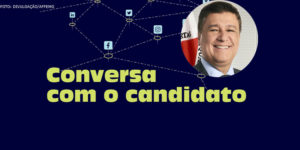 Representação de redes sociais e aplicativos interconectados, abaixo desta imagem há o texto "Conversa com o candidato". Em destaque está a foto do candidato Carlos Viana, um homem branco com cabelos curtos e grisalhos. Conteúdo textual: AO VIVO - “Conversa com o Candidato” recebe Carlos Viana na 2ªf., 26/9, às 10h.
