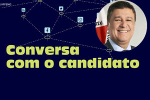 Representação de redes sociais e aplicativos interconectados, abaixo desta imagem há o texto "Conversa com o candidato". Em destaque está a foto do candidato Carlos Viana, um homem branco com cabelos curtos e grisalhos. Conteúdo textual: AO VIVO - “Conversa com o Candidato” recebe Carlos Viana na 2ªf., 26/9, às 10h.