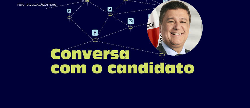 Representação de redes sociais e aplicativos interconectados, abaixo desta imagem há o texto "Conversa com o candidato". Em destaque está a foto do candidato Carlos Viana, um homem branco com cabelos curtos e grisalhos. Conteúdo textual: AO VIVO - “Conversa com o Candidato” recebe Carlos Viana na 2ªf., 26/9, às 10h.