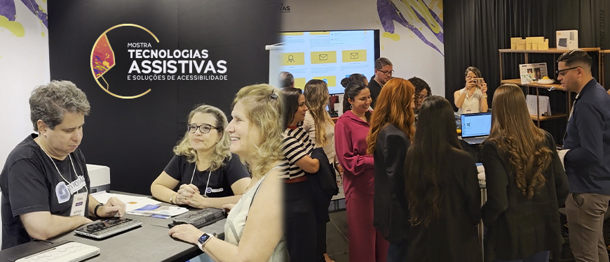 A arte mostra ao fundo registros de algumas tecnologias sendo apresentadas na Mostra de Tecnologias Assistivas e Soluções de Acessibilidade no TJMG. A montagem reúne fotos de visitantes conhecendo e experimentando diferentes recursos de tecnologia assistiva durante a exposição promovida pelo SINJUS-MG, com demonstrações e interação entre participantes e expositores.