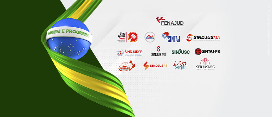 Card do SINJUS-MG sobre as Eleições 2026, com fundo em tons de branco, cinza e verde-escuro. Na parte superior, uma ilustração tridimensional mostra uma esfera azul com estrelas brancas e a faixa “Ordem e Progresso”, representando a bandeira do Brasil, envolvida por faixas verdes e amarelas. Na parte inferior, aparecem a logomarca da Fenajud e os símbolos de diversos sindicatos do Judiciário brasileiro que apoiam o manifesto, incluindo o SINJUS-MG. Conteúdo textual: Eleições 2026 - SINJUS se une à Fenajud e assina manifesto em defesa do serviço público.