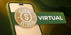 A imagem divulga a reunião setorial virtual do SINJUS-MG. A imagem mostra um celular sobre uma mesa, com um selo escrito “Reunião Setorial Virtual”. Em destaque, aparecem a data e o horário: “25 de junho, terça-feira, às 19 horas”. Ao lado, o texto convida: “Venha construir as próximas conquistas da categoria!”. No rodapé, aparecem o selo da AGE e o logotipo do SINJUS-MG.