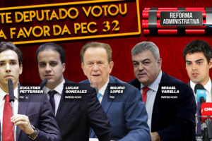 #ImagemAcessível Montagem com fundo vermelho com cinco pessoas. Da esquerda para direita: deputado federal Euclydes Pettersen, do Partido Social Cristão, de Minas Gerais, à frente de um microfone. Homem de pele clara, cabelo liso curto e castanho, trajando terno cinza escuro, camisa branca e gravata vermelha. Deputado Lucas Gonzalez, do Partido Novo, de Minas Gerais, à frente de um microfone. Homem de pele clara, cabelo liso curto e castanho, trajando terno preto, camisa branca e gravata preta. Deputado Mauro Lopes, do Movimento Democrático Brasileiro, de Minas Gerais, à frente de um microfone. Homem de pele clara, cabelo liso curto e castanho claro, trajando terno azul marinho, camisa branca e gravata azul claro. Deputado Misael Varella, do Partido Novo, de Minas Gerais. Homem de pele clara, cabelo curto e grisalho, trajando terno preto, camisa azul claro e gravata vermelha. Deputado Tiago Mitraud, do Partido Novo, de Minas Gerais, à frente de cinco microfones colocados em uma base acrílica. Homem de pele clara, cabelo curto e castanho, trajando terno preto, camisa branca e gravata cinza. No canto superior direito, há uma arte de uma bomba de dinamite com os dizeres “Reforma Administrativa”. Conteúdo textual: Este deputado votou a favor da PEC 32.