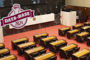 Foto de um plenário parlamentar com cadeiras de madeira e revestimento de couro marrom, distribuídas em filas. No fundo, há uma parede de mármore preto com uma bancada branca e o brasão oficial ao centro. Um grande painel digital exibe informações de uma sessão. Em destaque na imagem, há um logo com um punho cerrado e a inscrição 'DATA-BASE 2024' em letras maiúsculas.