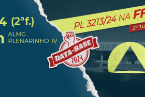 A imagem convoca os servidores para acompanhar a votação do PL 3213/24, referente à Data-Base 2024, que será analisado em 2º turno pela FFO da Assembleia Legislativa de Minas Gerais. A mobilização está marcada para o dia 28 de abril (segunda-feira), às 14h, no Plenarinho IV da ALMG. O card traz elementos visuais marcantes, como o selo da Data-Base 2024, a fachada do prédio da Assembleia e o chamado “Vem pra luta!”, incentivando a participação ativa da categoria