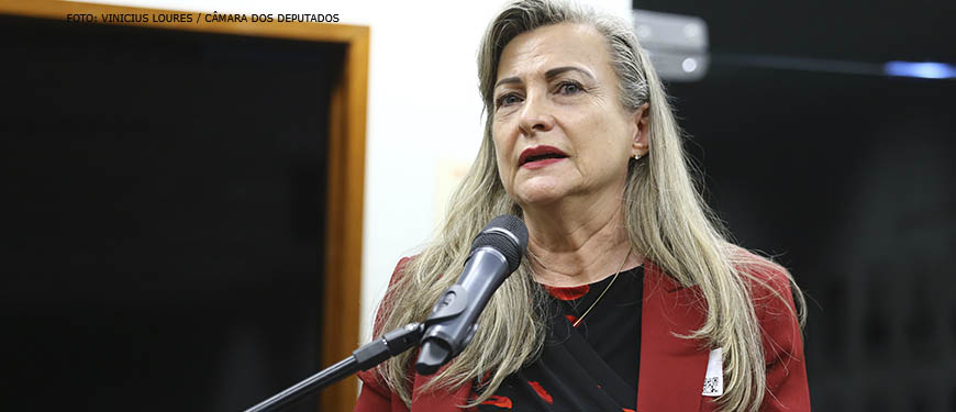 Mulher branca, de cabelos longos e loiros fala em um microfone, ela é Maria Lúcia Fatorelli. Ela está vestida com um paletó vermelho e uma camisa preta.