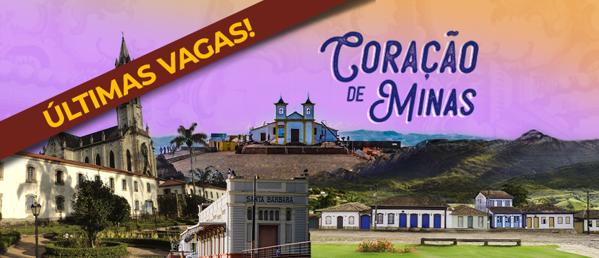 Imagem Acessível: A imagem divulga a viagem especial “Coração de Minas”, promovida pelo SINJUS MG, que acontecerá de 3 a 5 de outubro com destino à Serra do Caraça, Serra da Piedade, Catas Altas e Santa Bárbara. O card tem fundo em tons de roxo e laranja, com uma montagem de pontos turísticos das cidades. Em destaque, aparece uma faixa vermelha com a frase: “Últimas vagas!”, acompanhada do convite: “Inscreva-se pelo formulário”.
