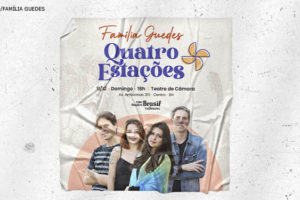 Imagem de uma parede cinza com um pôster colado com o conteúdo textual: " Família Guedes, Quatro Estações, 11/12, domingo, 18h, Teatro de Câmara, Av. Amazonas 315 - Centro - BH" "Sinjus Cultural. Concorra a um par de ingressos para o show Quatro Estações."