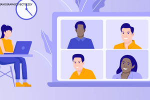 Ilustração digital com a representação de um grupo de pessoas em reunião virtual com uma mulher que trabalha em um computador, em um ambiente com plantas. Conteúdo textual: PORTARIA - Comissão de Gestão do Teletrabalho tem nova composição.