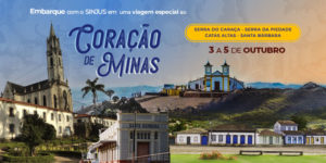 Imagem Acessível: Fundo em degradê laranja para azul, sobre ele há o texto: embarque com o SINJUS em uma viagem especial ao Coração de Minas. A viagem acontece de 3 a 5 de outubro, com destino à Serra do Caraça, Serra da Piedade, Catas Altas e Santa Bárbara. Há convite para inscrição pelo formulário. Na parte inferior, montagem de imagens mostra o Santuário do Caraça, a Igreja Matriz de Santa Bárbara, os casarões coloniais de Catas Altas e o Teatro Municipal de Santa Bárbara, com montanhas ao fundo.
