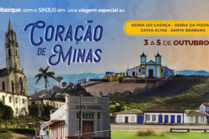 Imagem Acessível: Fundo em degradê laranja para azul, sobre ele há o texto: embarque com o SINJUS em uma viagem especial ao Coração de Minas. A viagem acontece de 3 a 5 de outubro, com destino à Serra do Caraça, Serra da Piedade, Catas Altas e Santa Bárbara. Há convite para inscrição pelo formulário. Na parte inferior, montagem de imagens mostra o Santuário do Caraça, a Igreja Matriz de Santa Bárbara, os casarões coloniais de Catas Altas e o Teatro Municipal de Santa Bárbara, com montanhas ao fundo.