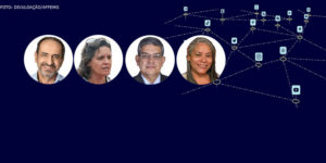 Representação de redes sociais e aplicativos interconectados, acima desta imagem há fotos dos candidatos ao governo de MG, Alexandre Kalil, Vanessa Portugal, Marcos Pestana e Lourdes Francisco.