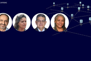 Representação de redes sociais e aplicativos interconectados, acima desta imagem há fotos dos candidatos ao governo de MG, Alexandre Kalil, Vanessa Portugal, Marcos Pestana e Lourdes Francisco.