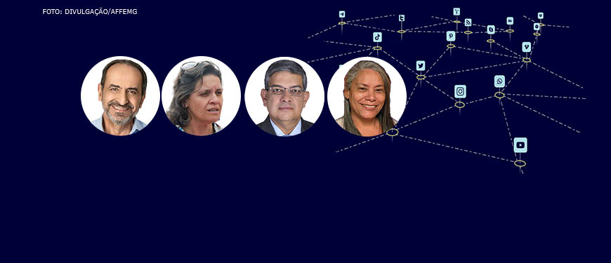 Representação de redes sociais e aplicativos interconectados, acima desta imagem há fotos dos candidatos ao governo de MG, Alexandre Kalil, Vanessa Portugal, Marcos Pestana e Lourdes Francisco.