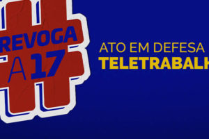Em primeiro plano há uma imagem simulando um adesivo em tons de azul e vermelho fixado em uma parede na cor azul, ele tem o formato de uma hashtag e dentro dele há a mensagem: REVOGA A 17.