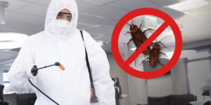 A imagem mostra um profissional vestido com equipamento de proteção (macacão branco, máscara e óculos), segurando pulverizador, realizando ação de dedetização em ambiente interno. Ao lado, há o símbolo de exterminação sobre a imagem de baratas, reforçando a ideia de combate à infestação.