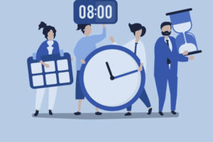 Ilustração vetorial em tons de azul com pessoas segurando ferramentas de gerenciamento de tempo, um deles é um relógio que marca 8 horas.