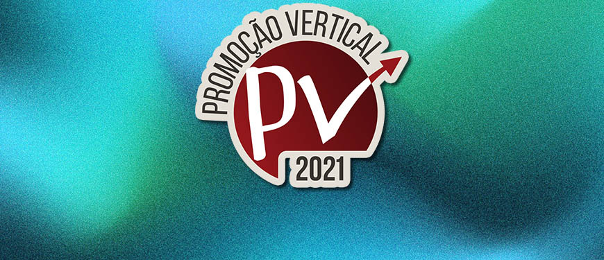 Selo da Promoção Vertical 2021, em tons de vermelho sobre fundo azul.