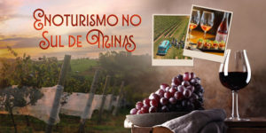 Card promocional com cenário de vinhedo ao pôr do sol anuncia um roteiro de enoturismo no Sul de Minas. Na parte superior, em letras grandes avermelhadas, está escrito “Enoturismo no Sul de Minas”. Logo abaixo, o texto destaca “Vinhos e gastronomia em uma jornada pela Serra da Mantiqueira”. À esquerda, aparecem as datas “30 de junho a 2 de agosto”. No centro da imagem há duas fotos sobrepostas em estilo polaroid, uma mostrando uma jardineira azul com visitantes em um vinhedo; a outra com taças de vinho e pratos gastronômicos. Na parte inferior, aparecem uvas roxas e uma taça de vinho tinto sobre uma mesa rústica.