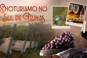 Card promocional com cenário de vinhedo ao pôr do sol anuncia um roteiro de enoturismo no Sul de Minas. Na parte superior, em letras grandes avermelhadas, está escrito “Enoturismo no Sul de Minas”. Logo abaixo, o texto destaca “Vinhos e gastronomia em uma jornada pela Serra da Mantiqueira”. À esquerda, aparecem as datas “30 de junho a 2 de agosto”. No centro da imagem há duas fotos sobrepostas em estilo polaroid, uma mostrando uma jardineira azul com visitantes em um vinhedo; a outra com taças de vinho e pratos gastronômicos. Na parte inferior, aparecem uvas roxas e uma taça de vinho tinto sobre uma mesa rústica.