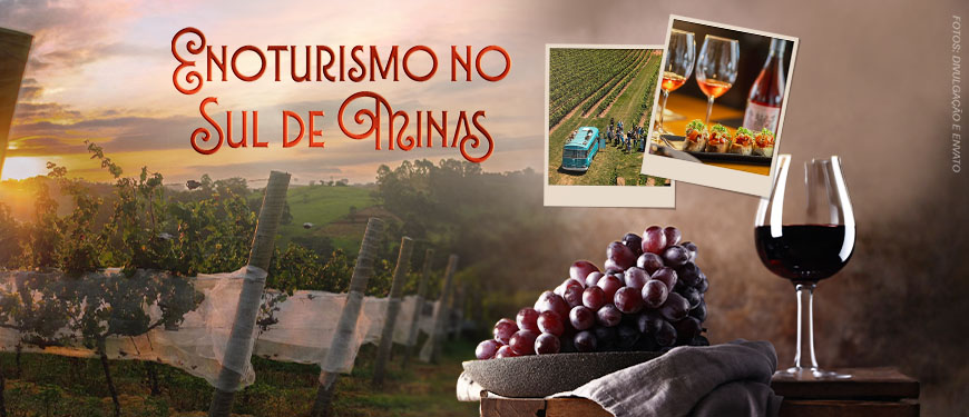 Card promocional com cenário de vinhedo ao pôr do sol anuncia um roteiro de enoturismo no Sul de Minas. Na parte superior, em letras grandes avermelhadas, está escrito “Enoturismo no Sul de Minas”. Logo abaixo, o texto destaca “Vinhos e gastronomia em uma jornada pela Serra da Mantiqueira”. À esquerda, aparecem as datas “30 de junho a 2 de agosto”. No centro da imagem há duas fotos sobrepostas em estilo polaroid, uma mostrando uma jardineira azul com visitantes em um vinhedo; a outra com taças de vinho e pratos gastronômicos. Na parte inferior, aparecem uvas roxas e uma taça de vinho tinto sobre uma mesa rústica.