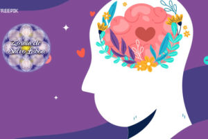 Ilustração com um perfil de uma cabeça, dentro da cabeça há um cérebro florescendo em uma profusão de cores e formas. Do lado esquerdo há uma mandala em tons de lilás e roxo, com o nome da psicóloga Zoraia de Salvo Lisboa.