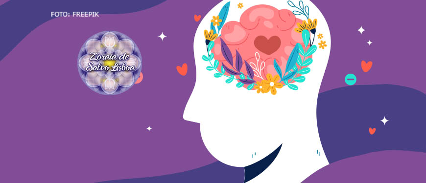 Ilustração com um perfil de uma cabeça, dentro da cabeça há um cérebro florescendo em uma profusão de cores e formas. Do lado esquerdo há uma mandala em tons de lilás e roxo, com o nome da psicóloga Zoraia de Salvo Lisboa.