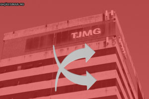 Imagem com a fachada do edifício-sede do TJMG com a aplicação de um filtro vermelho e em destaque duas setas se cruzando, indicando uma troca de posições.