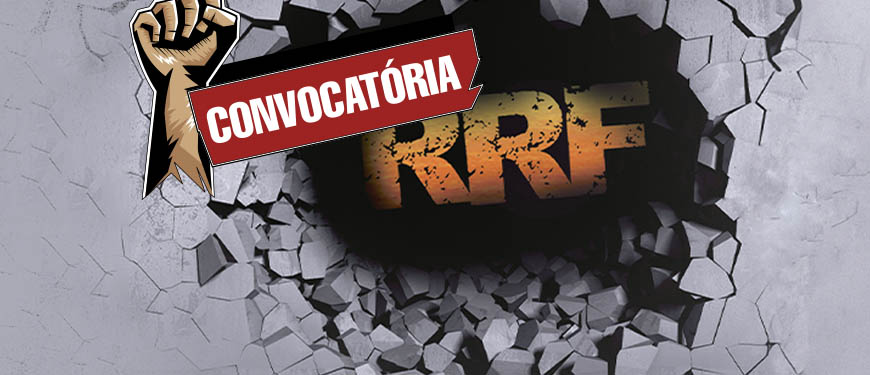 Há um buraco numa superfície com textura de concreto, no fundo dele há um letreiro "RRF" (Regime de Recuperação Fiscal). Sobre ele há uma aplicação do conteúdo textual: Dia de Paralisações Contra o RRF