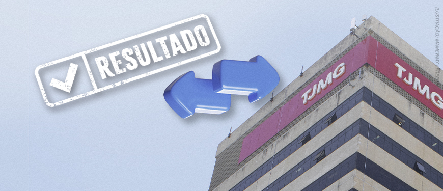 Imagem Acessível: A imagem mostra a fachada do prédio do Tribunal de Justiça de Minas Gerais (TJMG), com destaque para duas setas azuis em direções opostas, simbolizando o movimento de remoção de servidores. Sobreposta à composição, uma tarja com o selo de “RESULTADO” reforça a finalização do processo. O texto informa: “TJMG homologa resultado do Edital de Remoção nº 01/2025”, e na parte inferior central da imagem está o logotipo do SINJUS-MG.