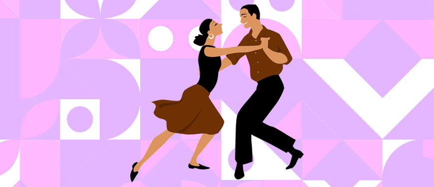 Imagem acessível: Ilustração em desenho de um casal dançando de mãos dadas e sorrindo um para o outro. No fundo vemos um mosaico geométrico com tons em rosa e branco
