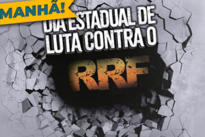 Parede de concreto quebrada com um buraco tomado pela escuridão, no fundo deste buraco está a sigla RRF (Regime de Recuperação Fiscal). Conteúdo textual: É amanhã! Dia Estadual de Luta Contra o RRF.