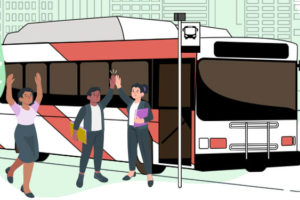 magem ilustrativa de uma cidade ao fundo com o foco em um ônibus e passageiros entrando no mesmo, ao lado dos passageiros se vê uma árvore e um poste com a sinalização da parada de ônibus.