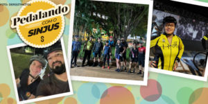 Imagem Acessível: montagem digital de fotos polaroid com imagens de ciclistas no último passeio urbano do grupo de ciclismo do SINJUS-MG. Ao fundo, há círculos coloridos em tons pastéis junto a imagens vetoriais de bicicleta. Por cima das imagens há o selo "Pedalando com o SINJUS".