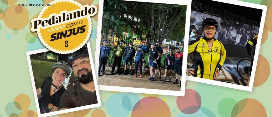 Imagem Acessível: montagem digital de fotos polaroid com imagens de ciclistas no último passeio urbano do grupo de ciclismo do SINJUS-MG. Ao fundo, há círculos coloridos em tons pastéis junto a imagens vetoriais de bicicleta. Por cima das imagens há o selo "Pedalando com o SINJUS".