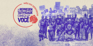 Imagem com fundo bege texturizado e uma composição gráfica em roxo e vermelho, com fotos de protestos em que o SINJUS marcou presença. No topo, aparece a mensagem “Mês do Servidor” e a frase “A representatividade começa com você”, acompanhada de um ícone de uma mão com o dedo indicador apontando para a frente.