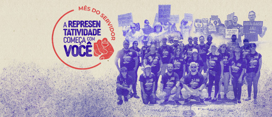 Imagem com fundo bege texturizado e uma composição gráfica em roxo e vermelho, com fotos de protestos em que o SINJUS marcou presença. No topo, aparece a mensagem “Mês do Servidor” e a frase “A representatividade começa com você”, acompanhada de um ícone de uma mão com o dedo indicador apontando para a frente.