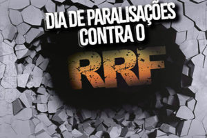 Há um buraco numa superfície com textura de concreto, no fundo dele há um letreiro "RRF" (Regime de Recuperação Fiscal). Sobre ele há uma aplicação do conteúdo textual: Dia de Paralisações Contra o RRF