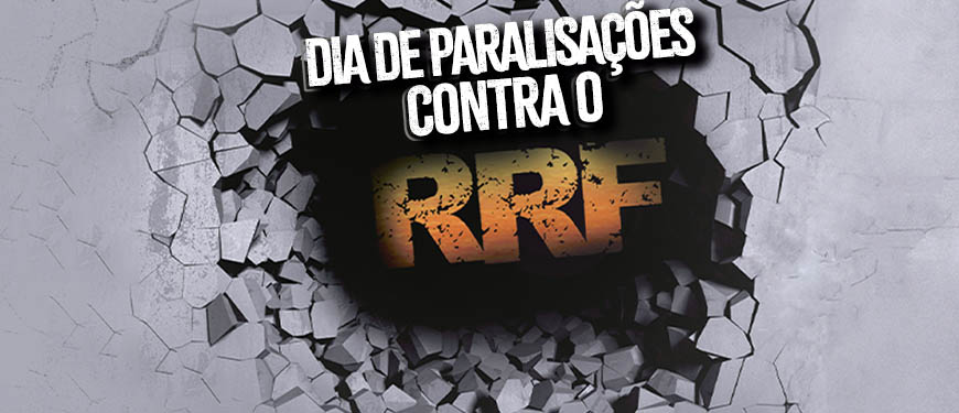 Há um buraco numa superfície com textura de concreto, no fundo dele há um letreiro "RRF" (Regime de Recuperação Fiscal). Sobre ele há uma aplicação do conteúdo textual: Dia de Paralisações Contra o RRF