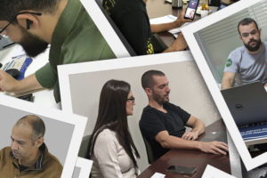 Mosaico de fotos dos diretores Alexandre Pires, Felipe Rodrigues e Wagner Ferreira durante atendimentos a filiados no Plantão da PV 2022.