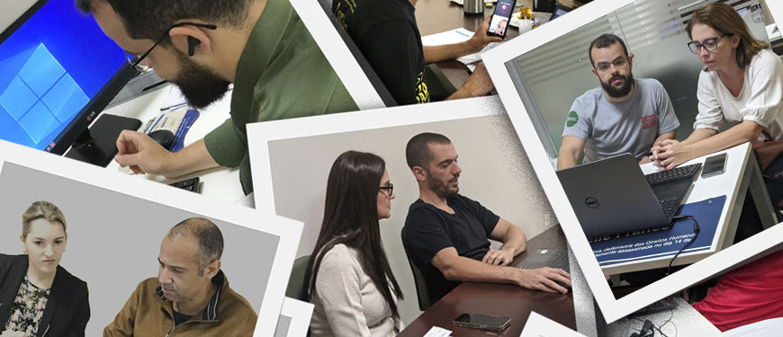 Mosaico de fotos dos diretores Alexandre Pires, Felipe Rodrigues e Wagner Ferreira durante atendimentos a filiados no Plantão da PV 2022.