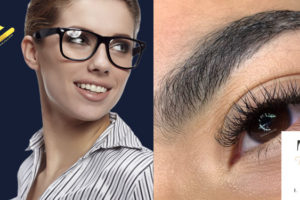Foto em que há uma mulher de pele clara e cabelo curto usando óculos e outra foto com um close detalhando uma sobrancelha