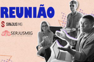 Imagem Acessível: A imagem divulga a reunião dos servidores com deficiência do TJ, promovido pelo SINJUS-MG e pelo SERJUSMIG. A reunião está marcada para 19/3 (quarta-feira), às 15h, no Espaço Lea Leda, convidando à participação e ao fortalecimento da pauta das pessoas com deficiência no âmbito do Tribunal de Justiça. A imagem traz ao fundo uma foto de três pessoas em momento de diálogo, com destaque para um servidor cadeirante, ao lado de um servidor cego e outra servidora com cordão no pescoço com ilustrações de quebra-cabeça simbolizando autismo, reforçando a temática da inclusão e acessibilidade. O design utiliza cores vibrantes e elementos gráficos modernos para chamar atenção ao evento.