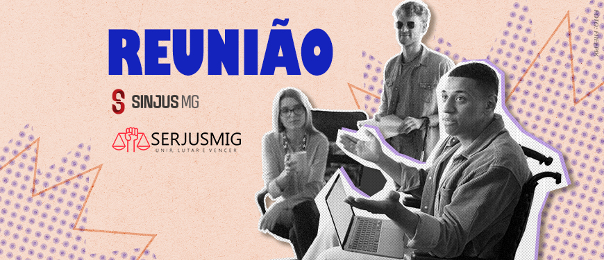 Imagem Acessível: A imagem divulga a reunião dos servidores com deficiência do TJ, promovido pelo SINJUS-MG e pelo SERJUSMIG. A reunião está marcada para 19/3 (quarta-feira), às 15h, no Espaço Lea Leda, convidando à participação e ao fortalecimento da pauta das pessoas com deficiência no âmbito do Tribunal de Justiça. A imagem traz ao fundo uma foto de três pessoas em momento de diálogo, com destaque para um servidor cadeirante, ao lado de um servidor cego e outra servidora com cordão no pescoço com ilustrações de quebra-cabeça simbolizando autismo, reforçando a temática da inclusão e acessibilidade. O design utiliza cores vibrantes e elementos gráficos modernos para chamar atenção ao evento.